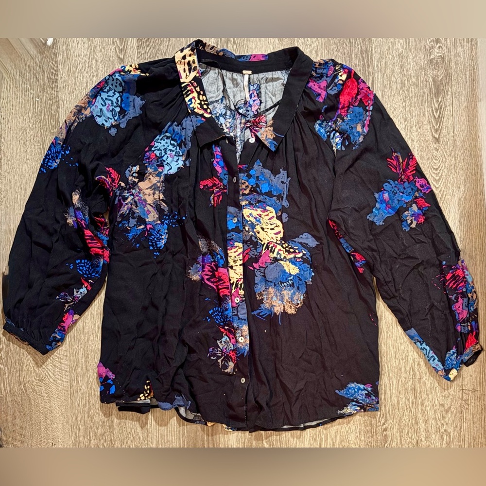 Free People - Black and Blue 3/4 Sleeve Button Down Blouse